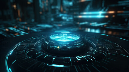 Wall Mural - technology abstract background with hud styled round interface elements in neon tech light.