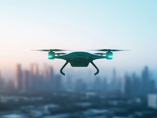 Poster - A sleek concept drone hovering over a futuristic urban landscape, technology integration front view, representing the harmony of innovation in daily life, advanced tone, vivid