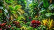 © InspireStock Gallery - A lush tropical garden with vibrant green foliage, striking red and yellow accents, and a sense of mystery in the distant haze.