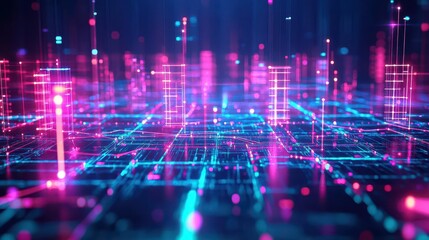 Fototapete - A city skyline connected by glowing digital networks, vibrant neon hues, futuristic cyberpunk aesthetic, sharp contrast, 3D style