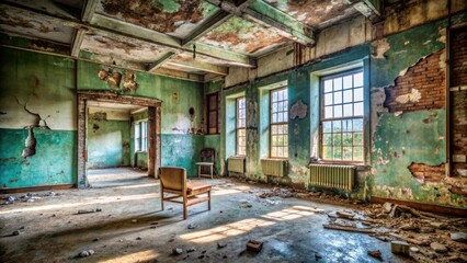 Aufkleber - A solitary chair sits in the sunlit interior of an abandoned building, its once vibrant green walls now faded and peeling, revealing the raw brick beneath.