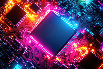 Leinwandbilder - A circuit board glows with bright colors, showcasing intricate details of electronic components in a dark environment