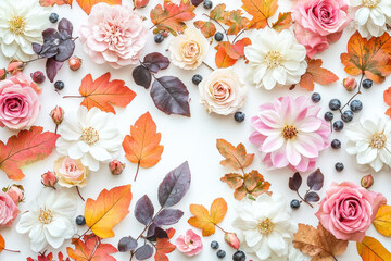Poster - A beautiful arrangement of autumn flowers, including pink and white roses, dahlias, and colorful leaves scattered artistically