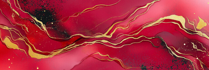 Aufkleber - Abstract red and gold artwork with flowing lines and textures, creating a vibrant and dynamic visual experience