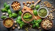 © InspireStock Gallery - An Array of Ingredients for a Delicious and Aromatic Pesto, Featuring Basil, Nuts, and a Green Paste