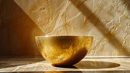 Poster - A golden bowl sits elegantly on a polished marble surface, illuminated by warm light that highlights its contours and creates soft shadows. The background features a textured wall.