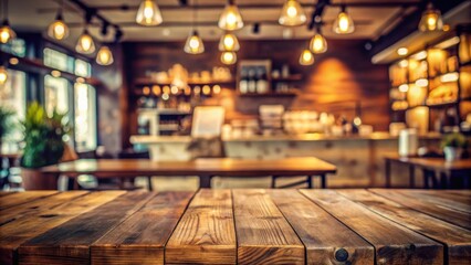Poster - Empty wooden table with a blurred background of a cozy cafe with warm lighting and rustic decor