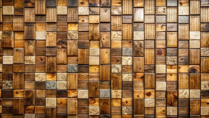 Aufkleber - A rustic wall made of wooden blocks of different sizes and textures, creating a visually appealing and natural pattern.