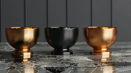 Fototapete - Three stylish bowls in gold, black, and copper are arranged on a reflective surface, showcasing their unique finishes against a minimalist backdrop.