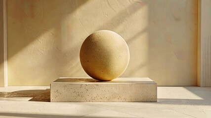 Fototapete - A textured sphere rests on a simple pedestal inside a light-filled room, casting soft shadows against the warm, neutral wall, creating a serene atmosphere.