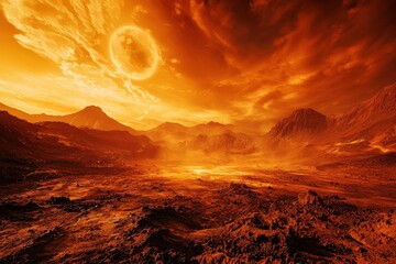 Wall Mural - a desolate, barren landscape with a large, glowing, orange planet in the center