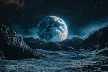 Wall Mural - a large moon is in the sky above a rocky, barren landscape