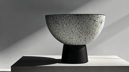 Poster - A speckled decorative bowl sits gracefully atop a minimalist pedestal in a softly lit environment. Shadows from a nearby light enhance the serene aesthetic of the display.