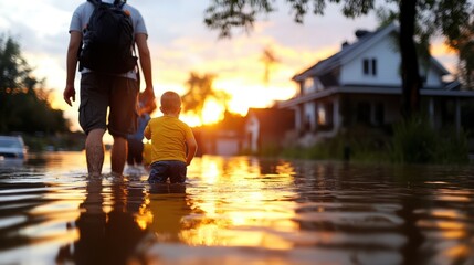 A father and child make their way through a flooded street at sunset, evoking themes of protection and guidance amidst the challenges of natural disasters in urban areas.