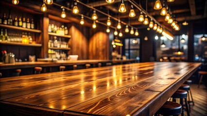 Poster - Rustic wooden bar table with warm lighting in a dimly lit ambiance
