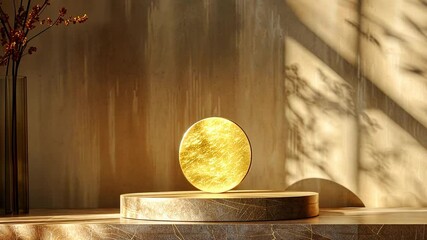 Fototapete - A golden orb rests on a stone pedestal, bathed in warm light that highlights its surface. Nearby, a vase with branches adds a touch of nature to the serene interior setting.