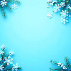 Wall Mural - blue christmas background with fir tree branches and white snowflakes. copy space in the middle.