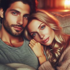Wall Mural - Couple enjoying a cozy evening together by the warm glow of the fireplace in an inviting living room