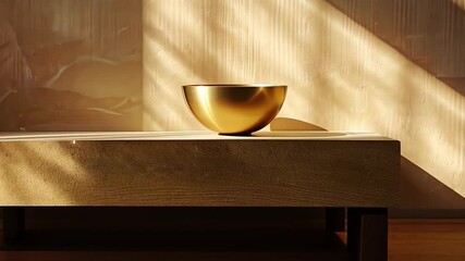 Aufkleber - A golden bowl sits elegantly on a wooden table, bathed in soft sunlight that streams through nearby windows, creating a serene atmosphere.