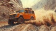 © Youttakone - An orange off-road vehicle kicks up dust as it navigates a rugged mountain trail, showcasing adventure and rugged terrain.