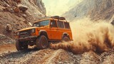 An orange off-road vehicle kicks up dust as it navigates a rugged mountain trail, showcasing adventure and rugged terrain.