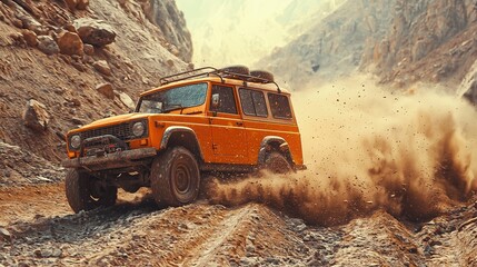 an orange off-road vehicle kicks up dust as it navigates a rugged mountain trail, showcasing adventu