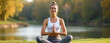 © Carina - Mulher praticando yoga  com meditação ao ar livre em frente a um lago