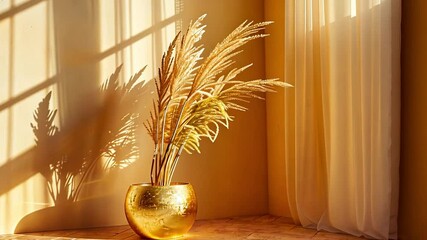 Aufkleber - A radiant display of pampas grass in a golden pot captures the afternoon light, casting beautiful shadows across a softly lit room.