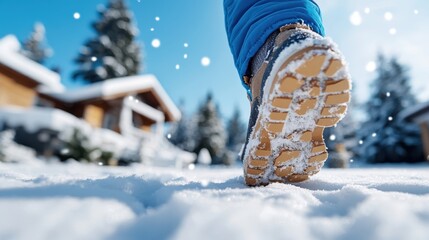 A person in winter boots walks through a snowy landscape under a clear blue sky, with trees and a wooden cabin in the background, on a bright day.