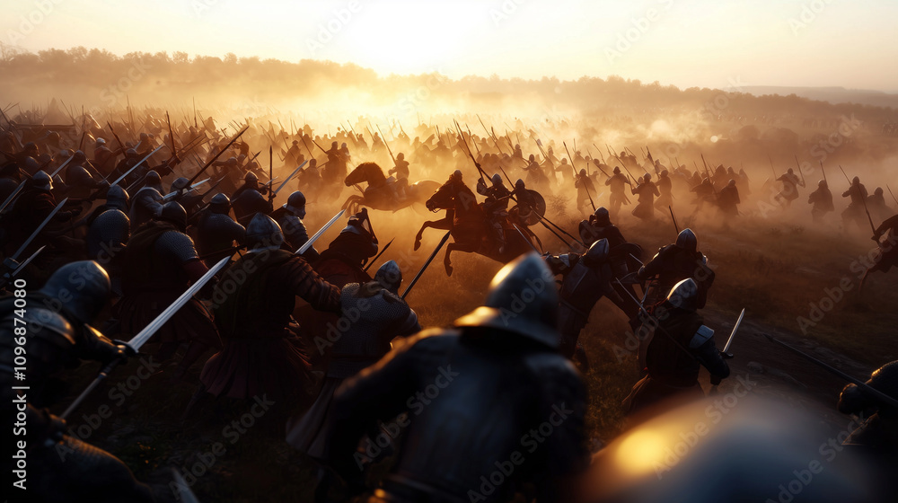 Dramatic Medieval Battle Scene with Warriors Clashing in the Fog Stock ...