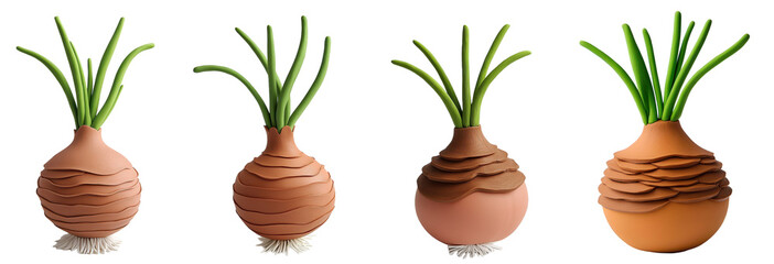 Colorful and stylized illustrations of decorative potted plants with vibrant green sprouts. transparent background.