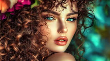 Wall Mural - beautiful woman with curly hair and stunning makeup posing gracefully