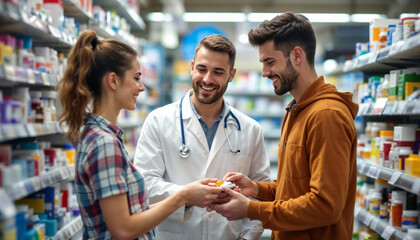 Sticker - Young pharmacist assists male customer with choosing medicine in pharmacy.