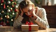 © Vancouver - Woman looking disappointed while holding her head near a gift box with a Christmas tree in the background