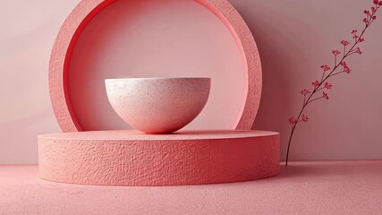 Poster - This composition showcases a simple, textured bowl resting on a circular pedestal. The backdrop features a harmonious blend of soft pink tones, creating a calming atmosphere.