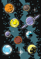 Wall Mural - planets and stars set. vector templates of astronomical bodies for scientific, fantastic posters, co