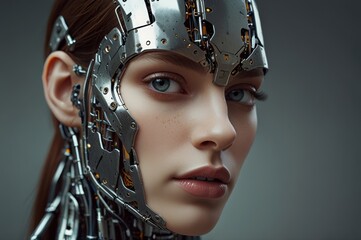 Wall Mural - Young android head robot nice woman with part of skin and metal on a face