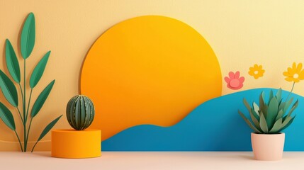 Poster - Minimalist Sunset Landscape with Abstract Shapes and Botanical Elements