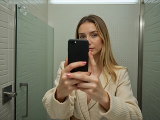 Wall Mural - A woman in the bathroom taking a selfie with her phone