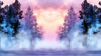 Wall Mural - Enchanting Misty Sunset Landscape with Reflection in Serene Forest Lake