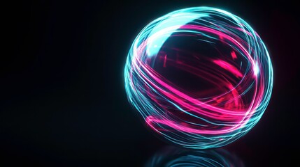 Wall Mural - A glowing, translucent sphere with swirling neon blue and pink light trails, set against a black background.