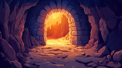 Mysterious underground tunnel with illuminated archway and stone walls. a scene of ancient ruins and exploration awaits. Ancient Cavern Secrets. Illustration