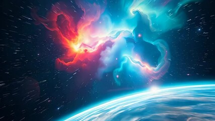 Wall Mural - Colorful cosmic energy burst with blue and red nebula over Earth. Space and universe concept.