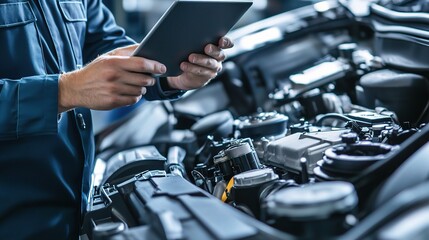 Sticker - Engineer Inspecting Engine with Tablet in Automotive Workshop