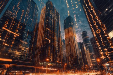 Fototapete - A vibrant night cityscape infused with digital elements, showcasing skyscrapers illuminated by glowing binary code against a dark sky.