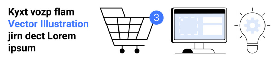 Shopping cart with notification badge, computer monitor displaying web interface, and light bulb with gear symbol. Ideal for online shopping, e-commerce, web development, programming, technology