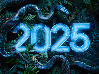 Wall Mural - A blue snake symbolizing the year 2025, wrapping around the number 2025