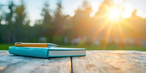 2025 New Year resolutions habits concept. A serene outdoor scene featuring a notebook and pen on a wooden table, illuminated by warm sunlight in a natural setting.