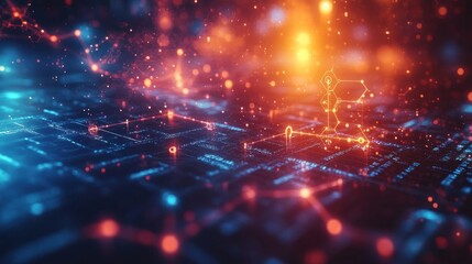Abstract Digital Network, Futuristic Technology, Data Flow, glowing nodes and connections, vibrant colors, digital landscape, 