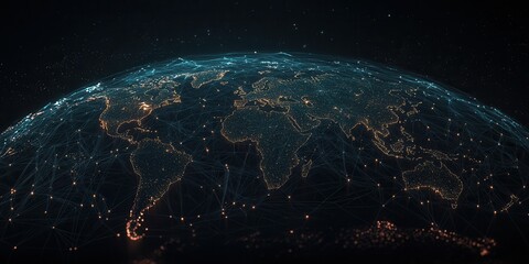 Fototapete - A stunning view of Earth illuminated at night, showcasing city lights and intricate connections across continents in a dark cosmic setting.